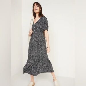 Floral-Print Puff-Sleeve All-Day Maxi Swing Black Dress - old navy size large